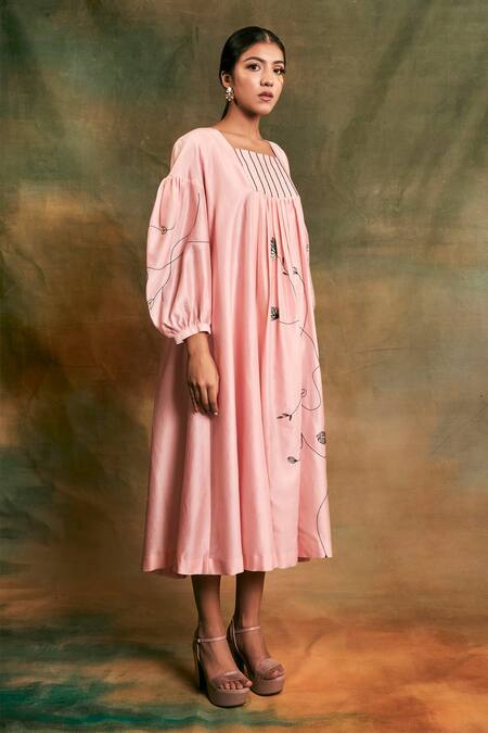 Shop Shilpi Gupta Pink Silk Chanderi Embroidery Square Neck Dress at Aza Fashions Shop_Shilpi Gupta_Pink Silk Chanderi Embroidery Square Neck Dress _at_Aza_Fashions