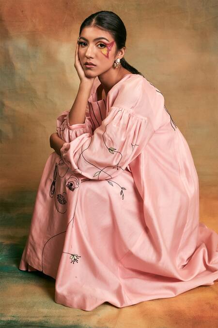 Buy Shilpi Gupta Pink Silk Chanderi Embroidery Square Neck Dress Online at Aza Fashions Buy_Shilpi Gupta_Pink Silk Chanderi Embroidery Square Neck Dress _Online_at_Aza_Fashions