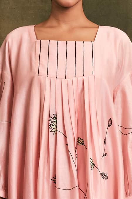 Shop Shilpi Gupta Pink Silk Chanderi Embroidery Square Neck Dress Online at Aza Fashions Shop_Shilpi Gupta_Pink Silk Chanderi Embroidery Square Neck Dress _Online_at_Aza_Fashions