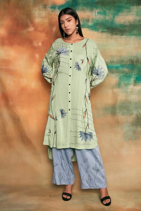 Shop Shilpi Gupta Blue Organic Rayon Round Embroidered Kurta And Palazzo Set at Aza Fashions Shop_Shilpi Gupta_Blue Organic Rayon Round Embroidered Kurta And Palazzo Set_at_Aza_Fashions