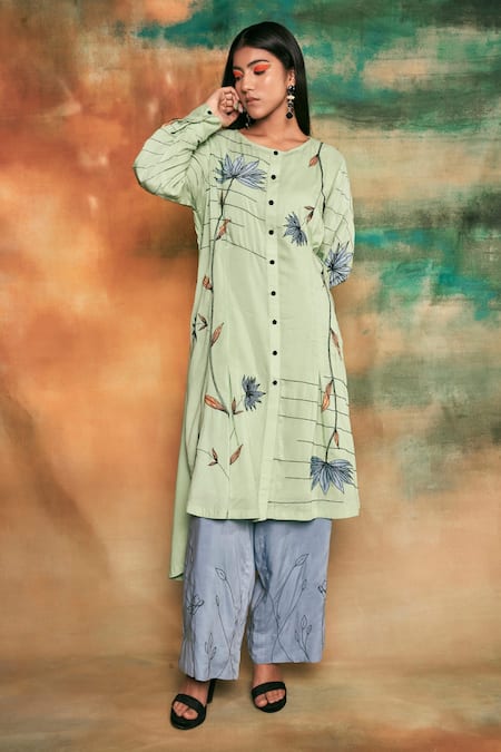 Shilpi Gupta Blue Organic Rayon Round Embroidered Kurta And Palazzo Set Online at Aza Fashions Shilpi Gupta_Blue Organic Rayon Round Embroidered Kurta And Palazzo Set_Online_at_Aza_Fashions
