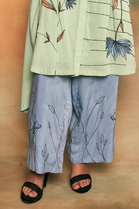 Shop Shilpi Gupta Blue Organic Rayon Round Embroidered Kurta And Palazzo Set Online at Aza Fashions Shop_Shilpi Gupta_Blue Organic Rayon Round Embroidered Kurta And Palazzo Set_Online_at_Aza_Fashions