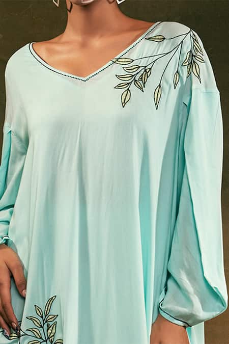 Buy_Shilpi Gupta_Blue Organic Rayon V Neck Embroidered Kurta And Palazzo Set_Online_at_Aza_Fashions