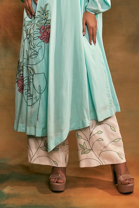 Shop_Shilpi Gupta_Blue Organic Rayon V Neck Embroidered Kurta And Palazzo Set_Online_at_Aza_Fashions
