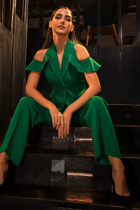 Shop Label Deepika Nagpal Green 23% Viscose, 3% Elastane, Luxury Heavy Cold Shoulder Blazer And Pant Set at Aza Fashions Shop_Label Deepika Nagpal_Green 23% Viscose, 3% Elastane, Luxury Heavy Cold Shoulder Blazer And Pant Set _at_Aza_Fashions