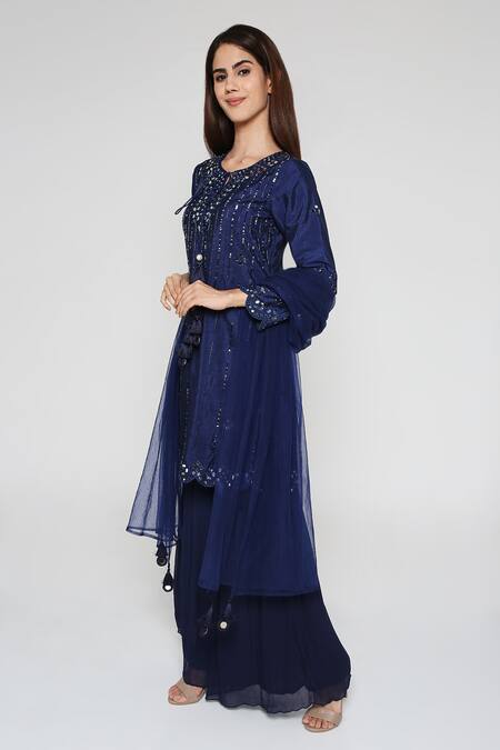 Buy Bha Sha Blue Silk, Georgette, Net, Cotton Mirrors, Prachi Short Kurta Sharara Set Online at Aza Fashions Buy_Bha Sha_Blue Silk, Georgette, Net, Cotton Mirrors, Prachi Short Kurta Sharara Set _Online_at_Aza_Fashions