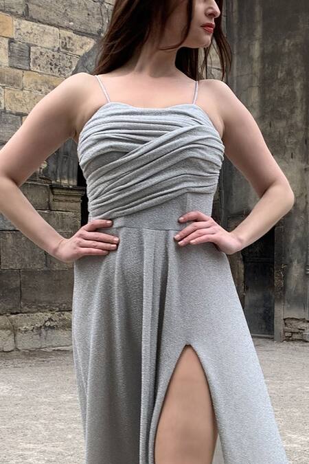 Swatee Singh_Silver Lurex Square Neck Flared Slit Gown _Online_at_Aza_Fashions