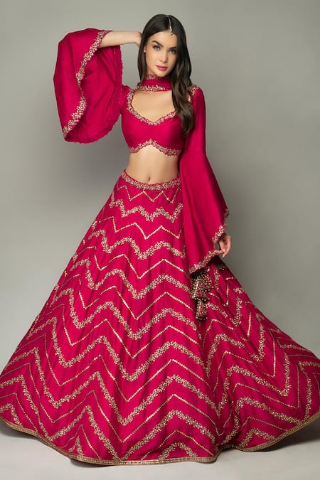 Prevasu Fuchsia Hand Embroidered Zardozi Plunge Leaf Neck Chevron Lehenga Set  