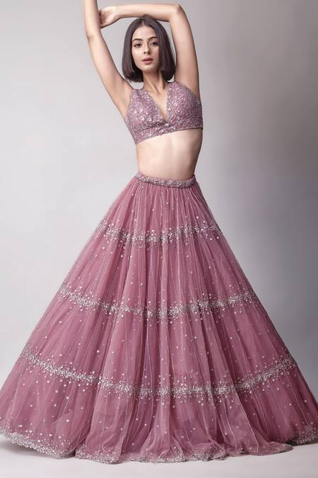 Shop_Prevasu_Purple Net, Blouse Silk Sequins And Micro Crystals, Zardozi Work Lehenga Set _at_Aza_Fashions