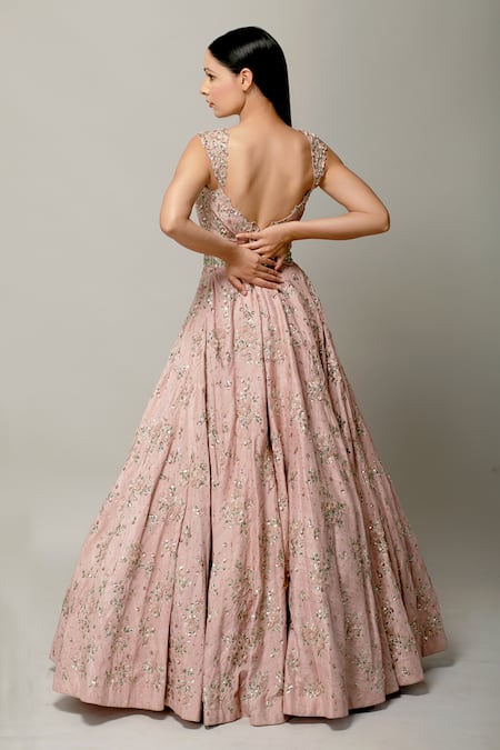 Shop Prevasu Pink Raw Silk Sequins, Pipes And Micro Camellia Embellished Gown With Belt at Aza Fashions Shop_Prevasu_Pink Raw Silk Sequins, Pipes And Micro Camellia Embellished Gown With Belt _at_Aza_Fashions