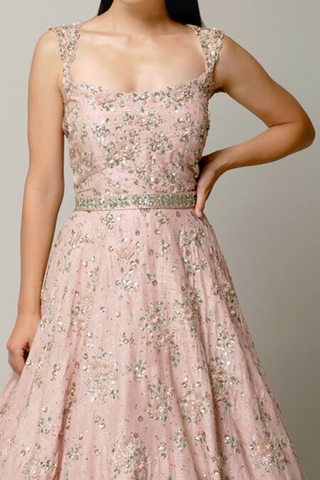 Prevasu Pink Raw Silk Sequins, Pipes And Micro Camellia Embellished Gown With Belt Online at Aza Fashions Prevasu_Pink Raw Silk Sequins, Pipes And Micro Camellia Embellished Gown With Belt _Online_at_Aza_Fashions