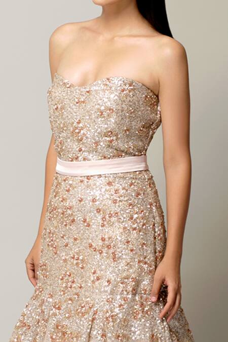 Prevasu_Pink Belt Satin, Gown Net/tulle Sequins, Cherry Blossom Embellished With _Online_at_Aza_Fashions