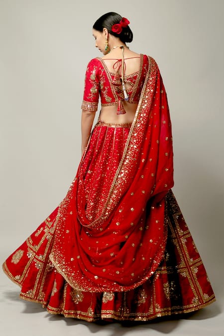 Prevasu Red Dupatta Georgette, Lehenga And Blouse Raw Deewani Embroidered Bridal Set Online at Aza Fashions Prevasu_Red Dupatta Georgette, Lehenga And Blouse Raw Deewani Embroidered Bridal Set _Online_at_Aza_Fashions