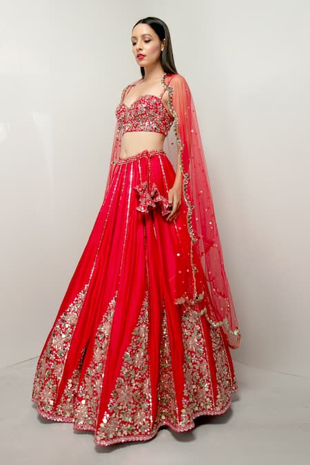Prevasu Red Dupatta Net, Lehenga And Blouse Blended Dilruba Embroidered Bridal Set 