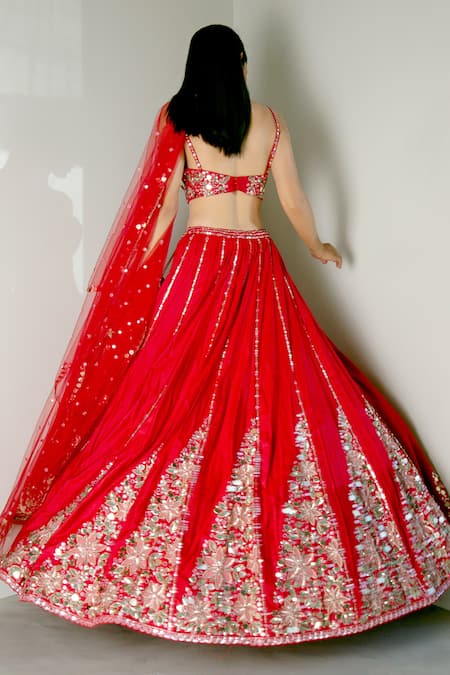 Shop Prevasu Red Dupatta Net, Lehenga And Blouse Blended Dilruba Embroidered Bridal Set at Aza Fashions Shop_Prevasu_Red Dupatta Net, Lehenga And Blouse Blended Dilruba Embroidered Bridal Set _at_Aza_Fashions