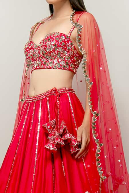 Prevasu Red Dupatta Net, Lehenga And Blouse Blended Dilruba Embroidered Bridal Set Online at Aza Fashions Prevasu_Red Dupatta Net, Lehenga And Blouse Blended Dilruba Embroidered Bridal Set _Online_at_Aza_Fashions