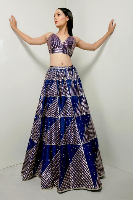 Prevasu Blue Raw Silk Sequins V Neck Laila Embroidered Lehenga With Blouse 