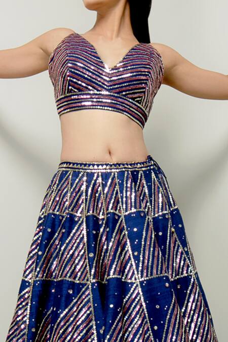 Prevasu_Blue Raw Silk Sequins V Neck Laila Embroidered Lehenga With Blouse _Online_at_Aza_Fashions