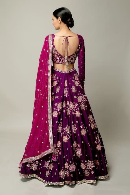 Shop Prevasu Purple Dupatta Velvet, Lehenga And Blouse Raw Mehbooba Embroidered Bridal Set at Aza Fashions Shop_Prevasu_Purple Dupatta Velvet, Lehenga And Blouse Raw Mehbooba Embroidered Bridal Set _at_Aza_Fashions