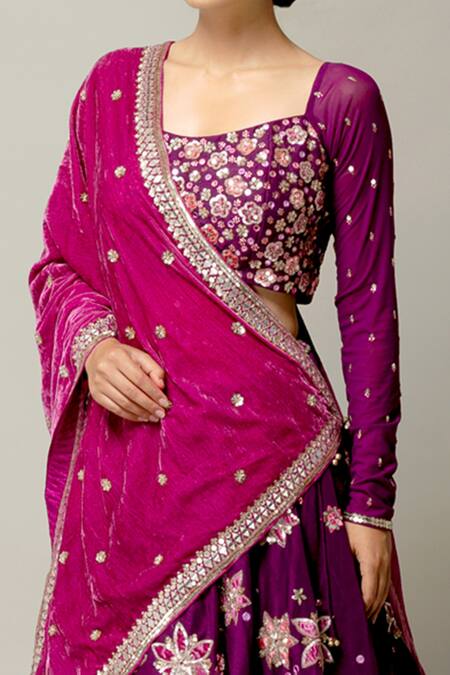 Prevasu Purple Dupatta Velvet, Lehenga And Blouse Raw Mehbooba Embroidered Bridal Set Online at Aza Fashions Prevasu_Purple Dupatta Velvet, Lehenga And Blouse Raw Mehbooba Embroidered Bridal Set _Online_at_Aza_Fashions