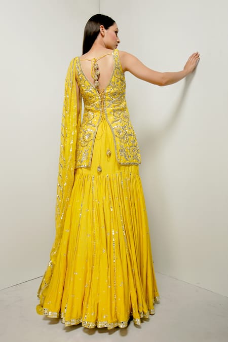 Shop_Prevasu_Yellow Dupatta Chiffon, Kurta And Lehenga Blended Roshni Embroidered Set _at_Aza_Fashions