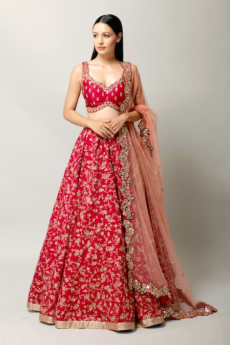 Prevasu Pink Dupatta Net/tulle, Lehenga And Blouse Raw Shehnaz Embroidered Bridal Set 