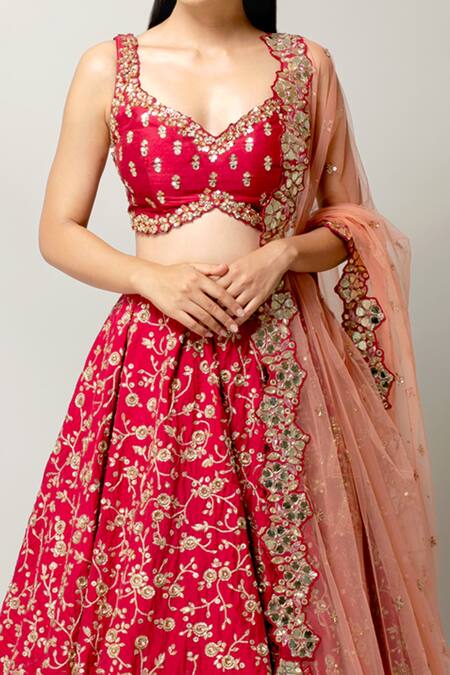 Prevasu Pink Dupatta Net/tulle, Lehenga And Blouse Raw Shehnaz Embroidered Bridal Set Online at Aza Fashions Prevasu_Pink Dupatta Net/tulle, Lehenga And Blouse Raw Shehnaz Embroidered Bridal Set _Online_at_Aza_Fashions