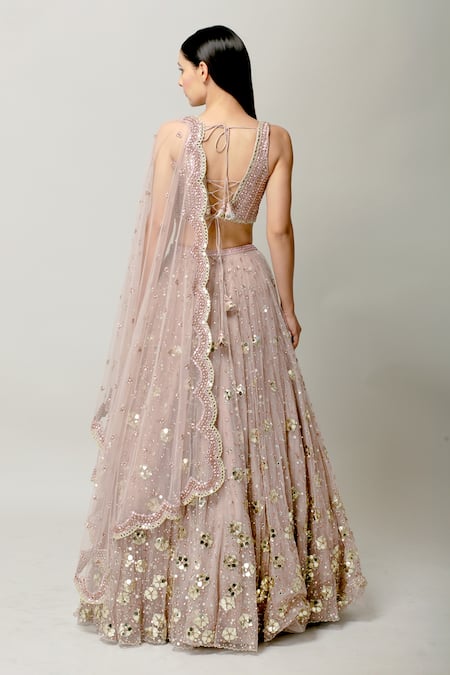 Shop Prevasu Purple Blouse Silk, Lehenga And Dupatta Net/tulle Sitara Embroidered Set at Aza Fashions Shop_Prevasu_Purple Blouse Silk, Lehenga And Dupatta Net/tulle Sitara Embroidered Set _at_Aza_Fashions