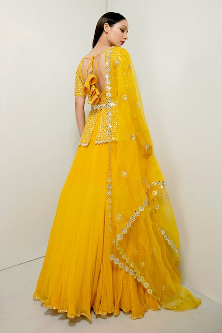 Shop Prevasu Yellow Belt Silk, Dupatta Organza, Lehenga And Peplum Suryamukhi Kurta Set at Aza Fashions Shop_Prevasu_Yellow Belt Silk, Dupatta Organza, Lehenga And Peplum Suryamukhi Kurta Set _at_Aza_Fashions