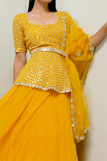 Prevasu Yellow Belt Silk, Dupatta Organza, Lehenga And Peplum Suryamukhi Kurta Set Online at Aza Fashions Prevasu_Yellow Belt Silk, Dupatta Organza, Lehenga And Peplum Suryamukhi Kurta Set _Online_at_Aza_Fashions