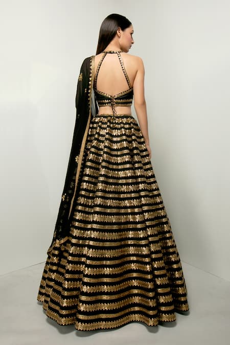 Prevasu_Black Blouse Raw Silk, Lehenga And Dupatta Georgette Zarin Embroidered Set _Online_at_Aza_Fashions