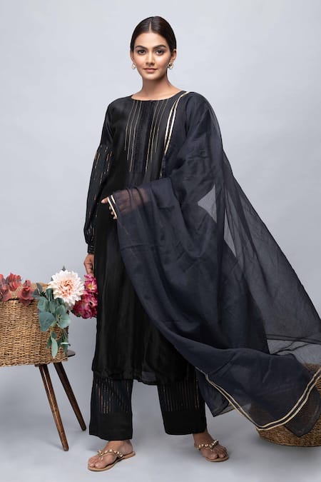Buy_Kalakaari By Sagarika_Black Cotton, Chanderi Silk Metallic Stripes Round Kurta And Pant Set_Online_at_Aza_Fashions