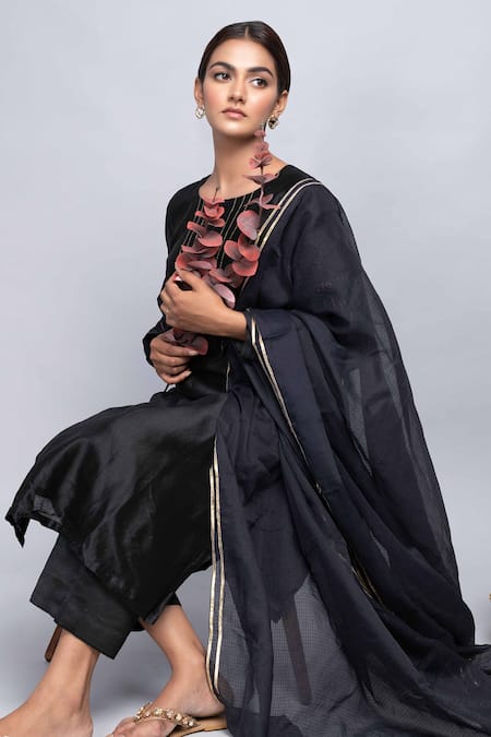 Shop_Kalakaari By Sagarika_Black Cotton, Chanderi Silk Metallic Stripes Round Kurta And Pant Set_Online_at_Aza_Fashions