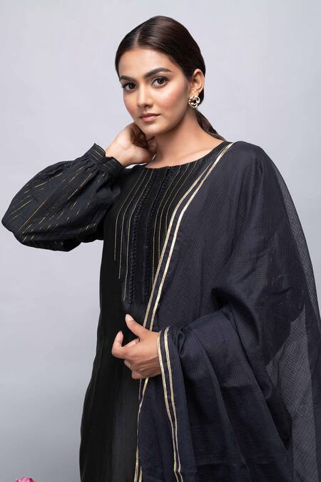 Kalakaari By Sagarika_Black Cotton, Chanderi Silk Metallic Stripes Round Kurta And Pant Set_at_Aza_Fashions
