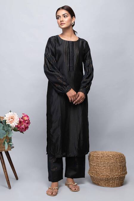 Kalakaari By Sagarika_Black Chanderi Silk, Cotton, Kota Doria Patti Kurta Set_Online_at_Aza_Fashions