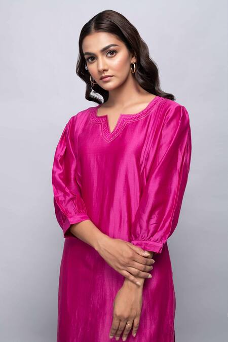 Shop_Kalakaari By Sagarika_Pink Chanderi Silk, Cotton Gota Patti, Embroidery Puffed Sleeve Kurta And Pant Set_Online_at_Aza_Fashions