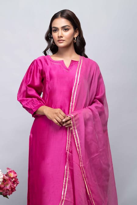 Kalakaari By Sagarika Pink Cotton, Chanderi Silk, Kota Doria Metallic Stripes Puffed Sleeve Kurta Set at Aza Fashions Kalakaari By Sagarika_Pink Cotton, Chanderi Silk, Kota Doria Metallic Stripes Puffed Sleeve Kurta Set_at_Aza_Fashions