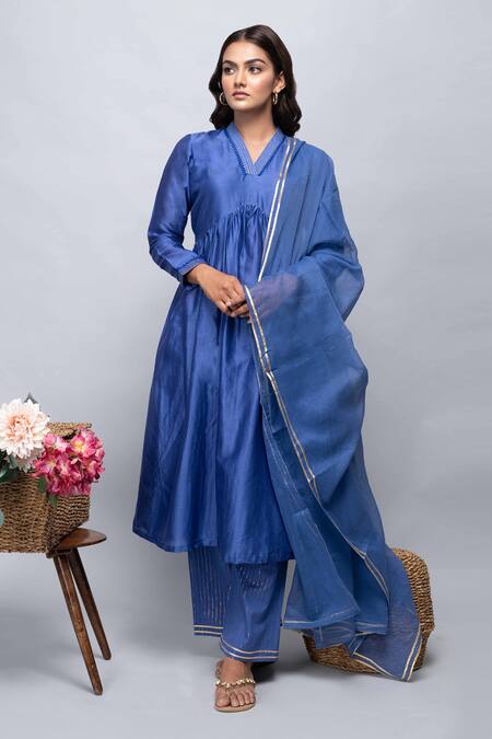 Buy_Kalakaari By Sagarika_Blue Chanderi Silk Gathered Tunic_Online_at_Aza_Fashions