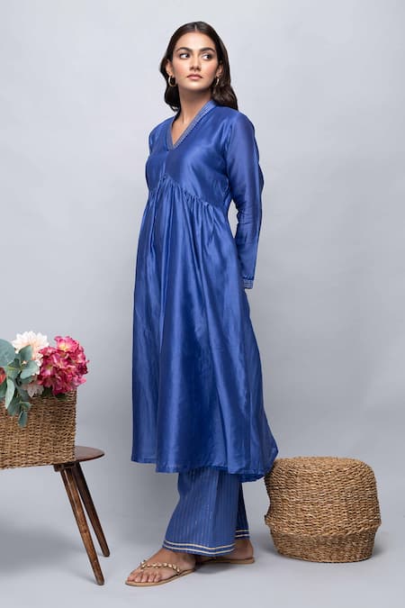 Shop_Kalakaari By Sagarika_Blue Chanderi Silk Gathered Tunic_Online_at_Aza_Fashions