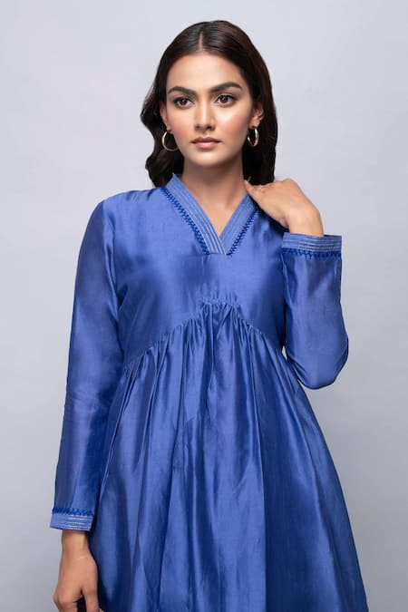 Kalakaari By Sagarika_Blue Chanderi Silk Gathered Tunic_at_Aza_Fashions