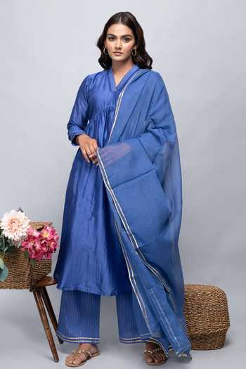 Kalakaari By Sagarika Blue Cotton, Chanderi Silk Plain V Neck Gathered Kurta Set Online at Aza Fashions Kalakaari By Sagarika_Blue Cotton, Chanderi Silk Plain V Neck Gathered Kurta Set _Online_at_Aza_Fashions
