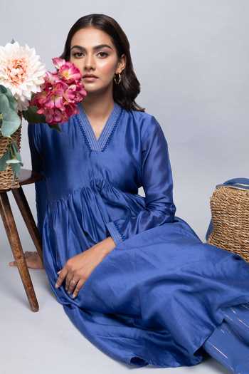 Buy Kalakaari By Sagarika Blue Cotton, Chanderi Silk Plain V Neck Gathered Kurta Set Online at Aza Fashions Buy_Kalakaari By Sagarika_Blue Cotton, Chanderi Silk Plain V Neck Gathered Kurta Set _Online_at_Aza_Fashions