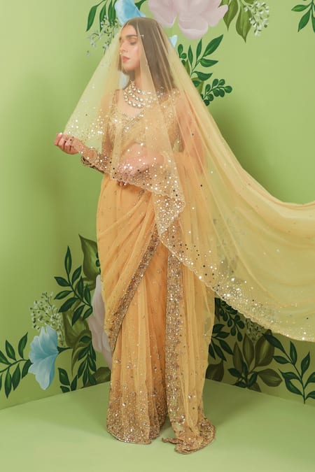 Prevasu_Gold Net/tulle Mirror, Sequins, Zardozi V Neck Embroidered Saree With Blouse _Online_at_Aza_Fashions