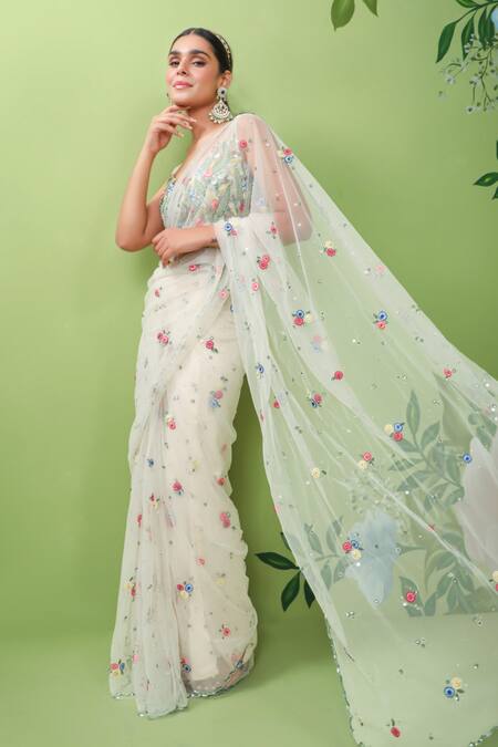 Prevasu Off White Net/tulle Thread Work V Neck Embroidered Saree With Blouse Online at Aza Fashions Prevasu_Off White Net/tulle Thread Work V Neck Embroidered Saree With Blouse _Online_at_Aza_Fashions