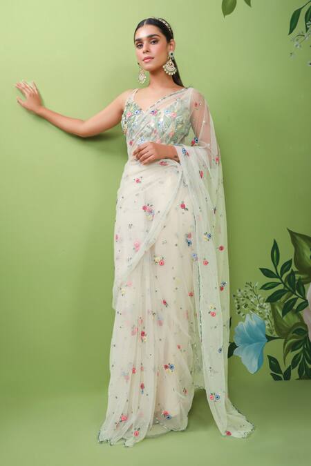 Buy Prevasu Off White Net/tulle Thread Work V Neck Embroidered Saree With Blouse Online at Aza Fashions Buy_Prevasu_Off White Net/tulle Thread Work V Neck Embroidered Saree With Blouse _Online_at_Aza_Fashions