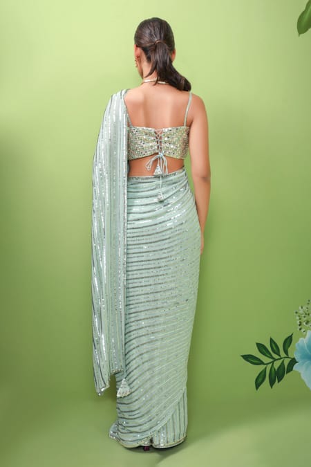 Shop Prevasu Green Georgette Mirror Work, Sequins V Neck Embroidered Saree With Blouse at Aza Fashions Shop_Prevasu_Green Georgette Mirror Work, Sequins V Neck Embroidered Saree With Blouse _at_Aza_Fashions