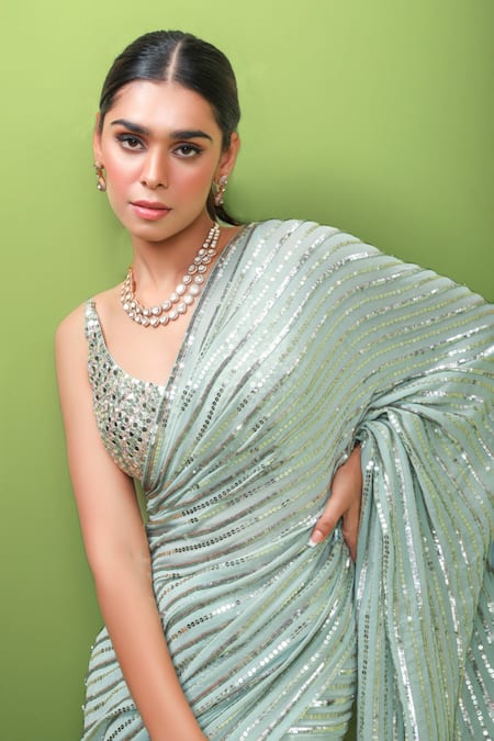 Prevasu Green Georgette Mirror Work, Sequins V Neck Embroidered Saree With Blouse Online at Aza Fashions Prevasu_Green Georgette Mirror Work, Sequins V Neck Embroidered Saree With Blouse _Online_at_Aza_Fashions