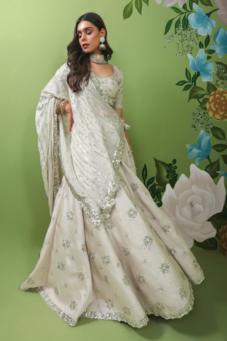 Prevasu_Ivory Crepe Silk Sequins, Micro Crystals, Zardozi Embroidered Bridal Lehenga Set _Online_at_Aza_Fashions
