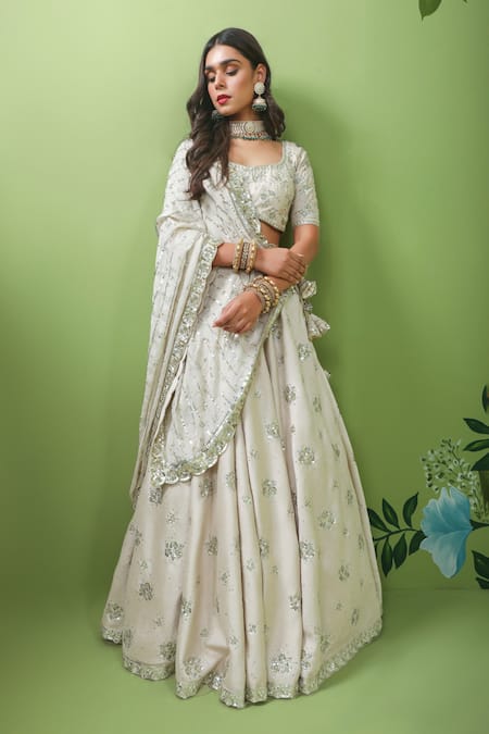 Buy_Prevasu_Ivory Crepe Silk Sequins, Micro Crystals, Zardozi Embroidered Bridal Lehenga Set _Online_at_Aza_Fashions