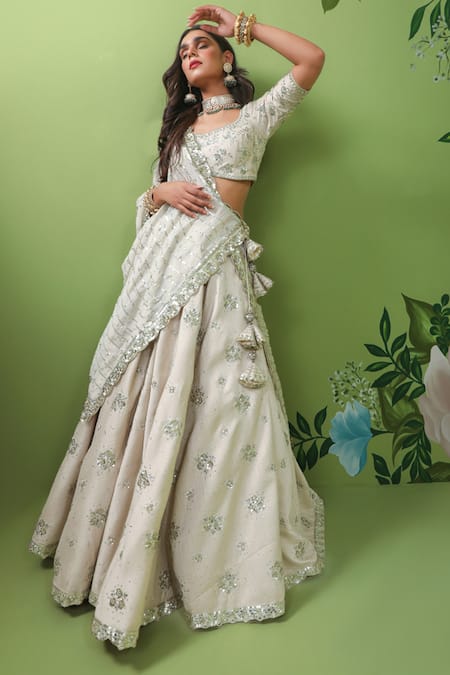 Shop_Prevasu_Ivory Crepe Silk Sequins, Micro Crystals, Zardozi Embroidered Bridal Lehenga Set _Online_at_Aza_Fashions